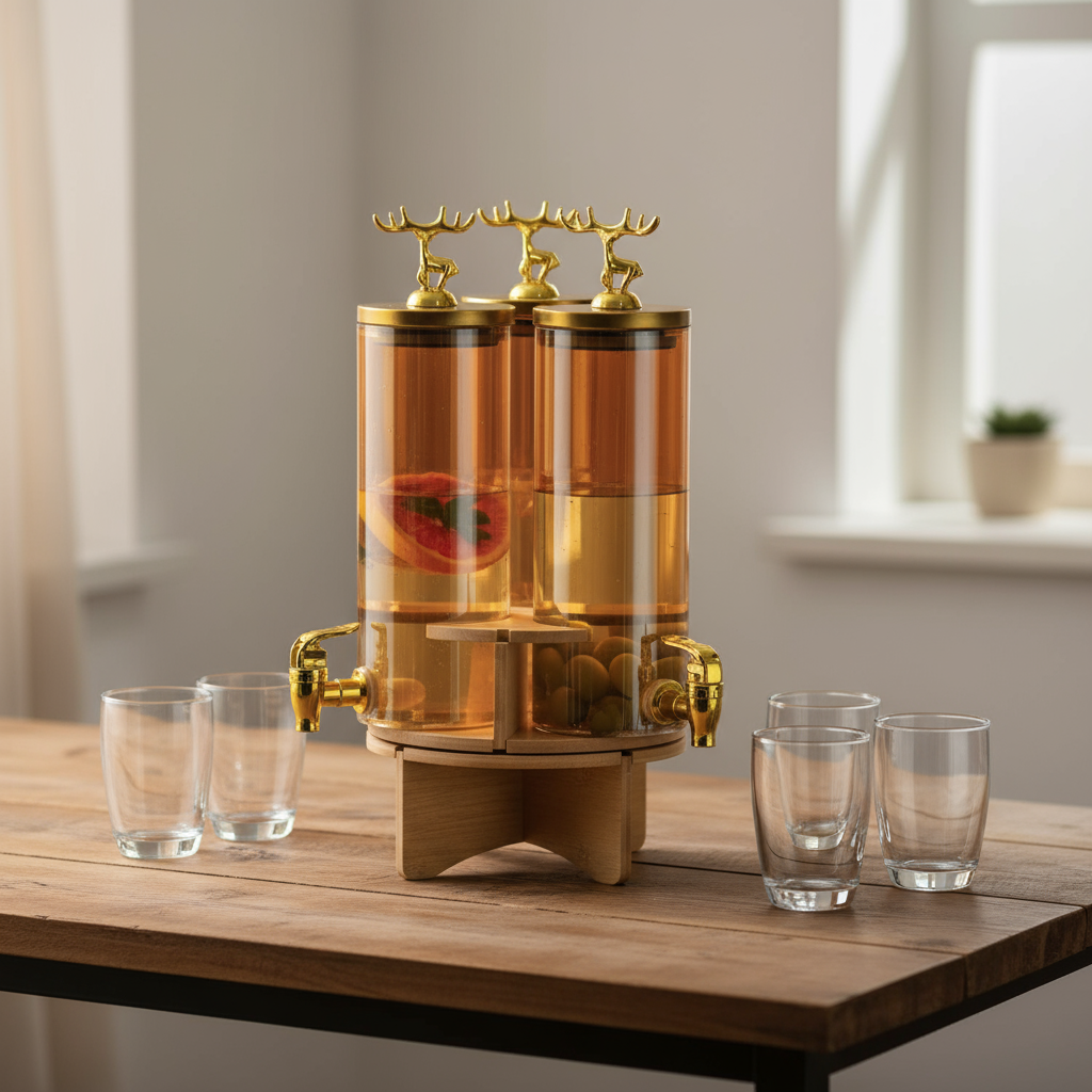 3-Tank Glass Juice Dispenser With Golden Taps And Rotating Base
