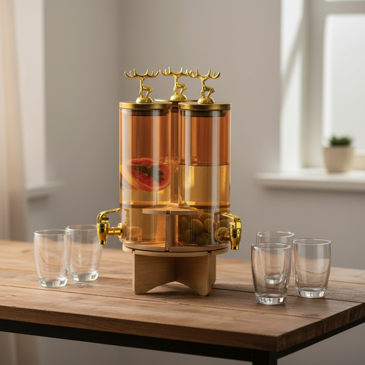 3-Tank Glass Juice Dispenser With Golden Taps And Rotating Base