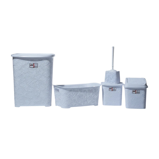 Elegant White 5-Piece Bathroom Set – Lace-Patterned Plastic