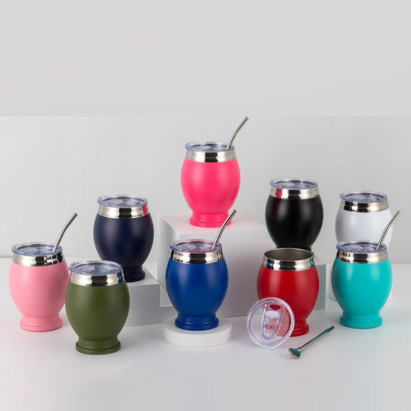 Double-Walled Insulated Mate Cups / Versatile Tumblers with Lid and Bombilla