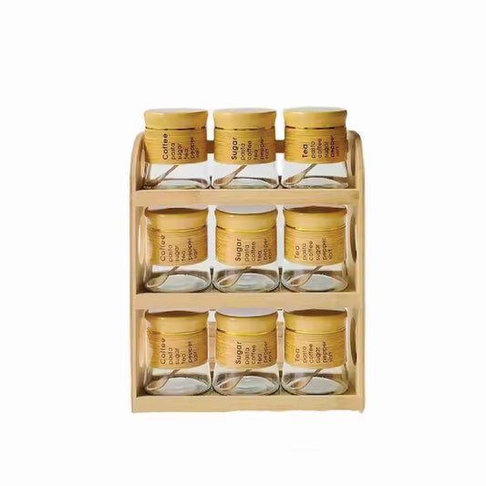 Wooden Rack Glass Jar Set – 9 Pieces With Lids & Spoons