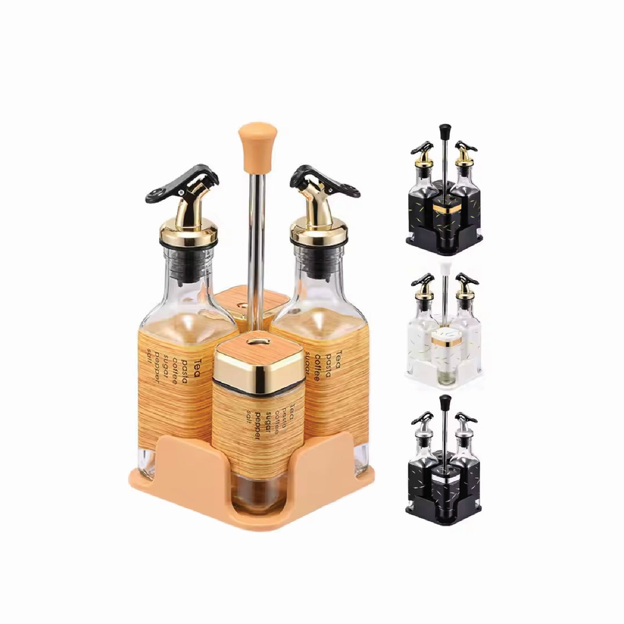 Oil & Vinegar Glass Dispenser Set With Holder – 4 Pieces