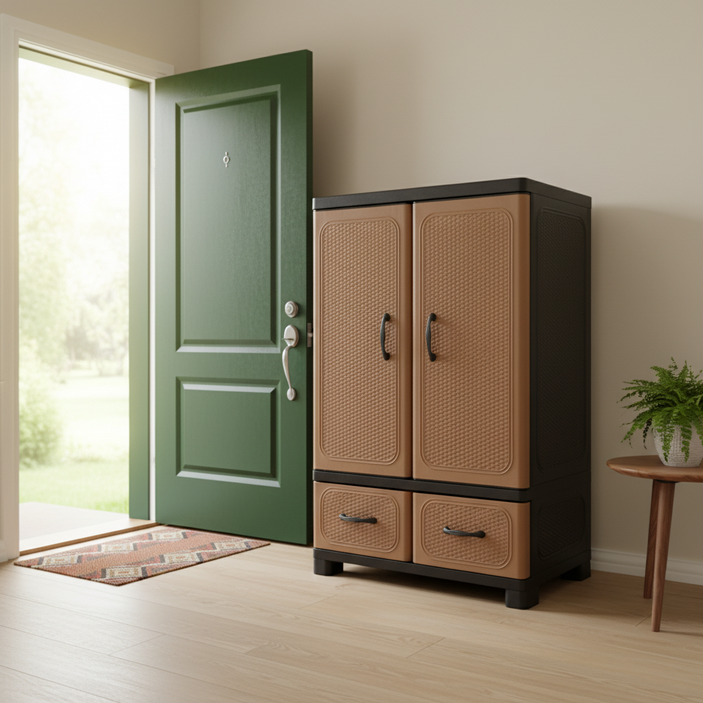 Plastic Double Door Wardrobe With 2 Drawers – Brown & Black