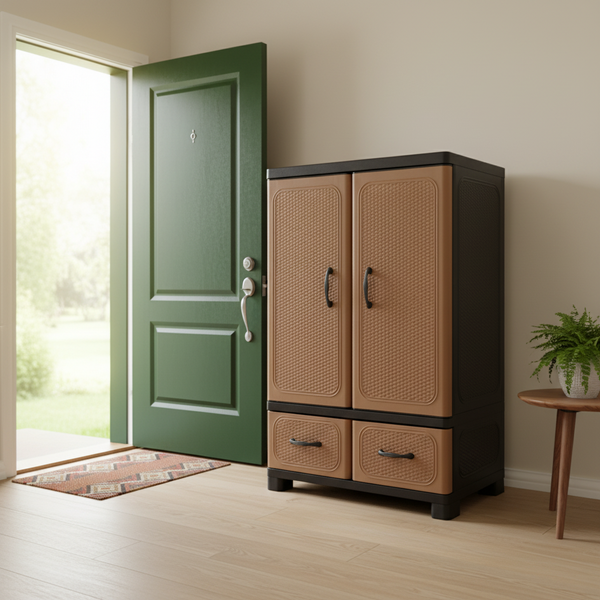 Plastic Double Door Wardrobe With 2 Drawers – Brown & Black