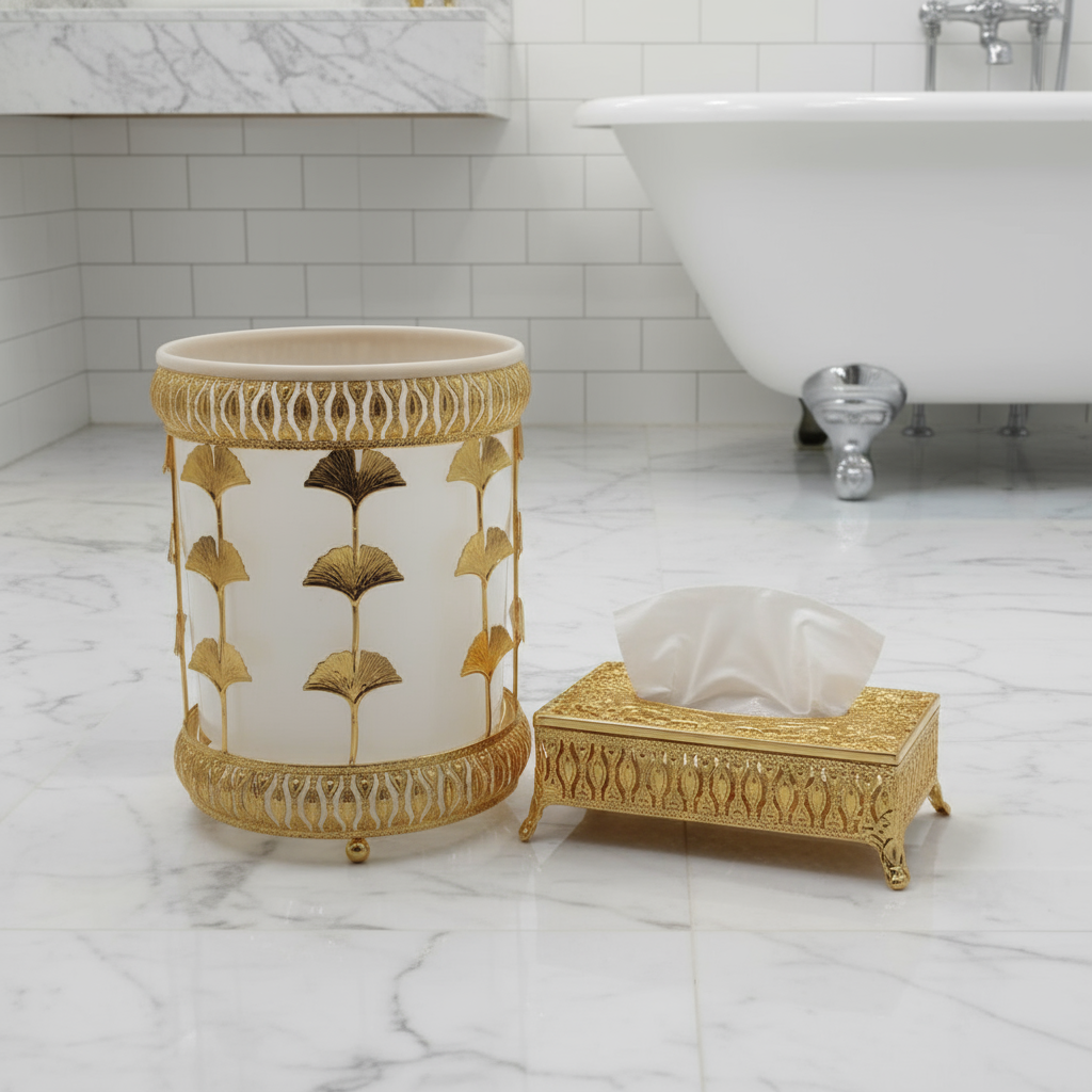 Luxury Gold Leaf Bathroom Bin & Tissue Box Set – Decorative Design