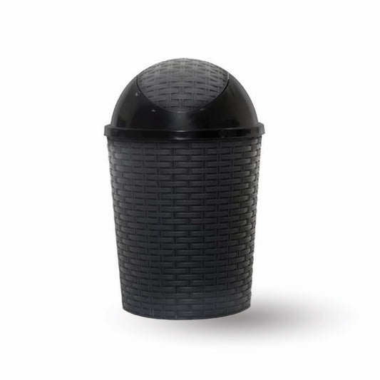 Black Swing Lid Trash Bin With Woven Texture