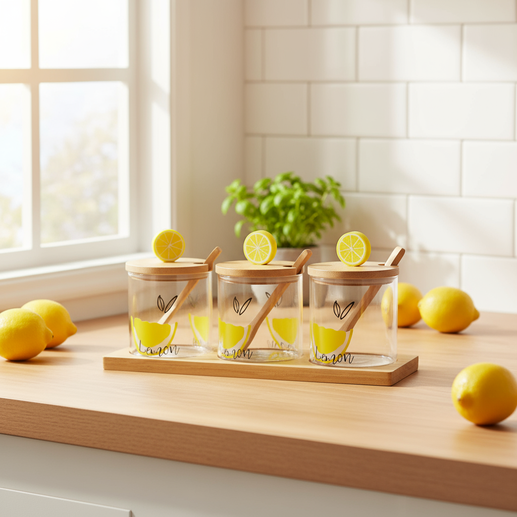 3-Piece Lemon Design Spice Jar Set With Wooden Lids & Tray